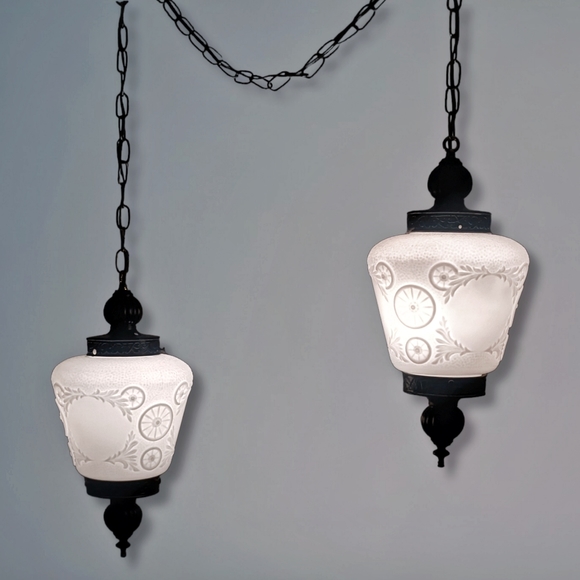 *SOLD*Antique embossed Milk Glass Hanging Swag Light Fixtures Victorian Old West - Picture 3 of 10